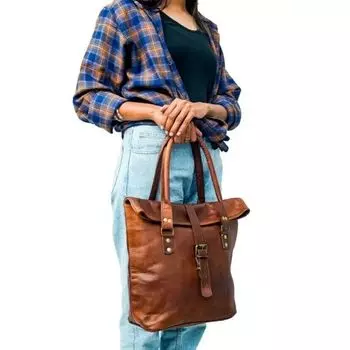 Кошелек ручной работы 16 дюймов, винтажная женская сумка-тоут из натуральной кожи высшего качества 12 x 16 in коричневый