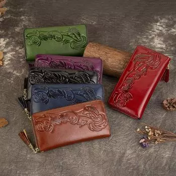 Кошелек ручной работы для женщин, большой емкости, первый слой из коровьей кожи, тисненый кошелек для монет, сумка для удостоверения личности с несколькими карточками коричневый