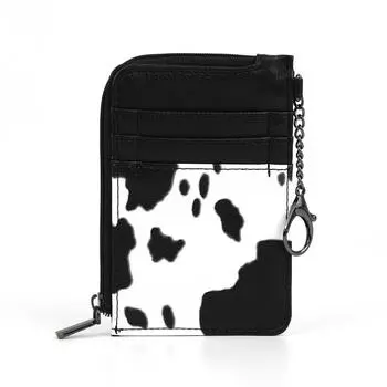 Кошелек с держателем для кредитных карт с принтом коровы, женский, маленький, милый, с брелоком, с карманом на молнии, тонкий, в стиле минимализма чёрный