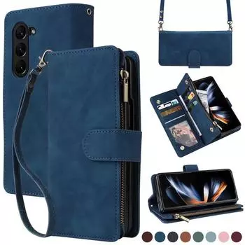 Кошелек с несколькими слотами для карт, кожаный чехол через плечо на молнии с магнитным флипом для Samsung Galaxy Z Fold 5 с функциональной крышкой-кронштейном Samsung Z Fold 5&Case & Strap розовый