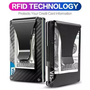 Кошелек Stonego с RFID-блокировкой и зажимом для денег — алюминиевый металл/углеродное волокно, минималистичный тонкий держатель для кредитных карт чёрный