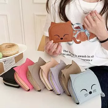 Кошелек в повседневном стиле, милый мини-кошелек с зажимом для нескольких карт, кошелек с мультяшным котом, модный кошелек из искусственной кожи