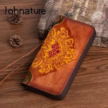 Кошелек в стиле ретро с тиснением, женский большой клатч, мягкий кошелек из воловьей кожи, длинные кошельки на молнии, держатель для карт коричневый