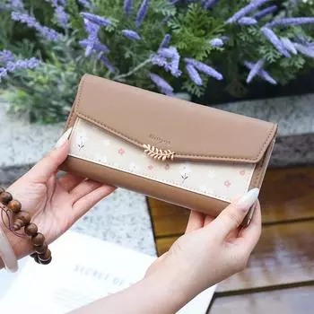 Кошелек женский длинный с пряжкой в виде листа, простая универсальная, расширяемая, вместительная, ручная сумка чёрный