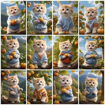 Кошка Алмазная Картина Животные Стразы Картина Вышивка Фрукты Новое Поступление Вышивка Крестом Мозаика Декор Для Дома Full Round 20x30CM
