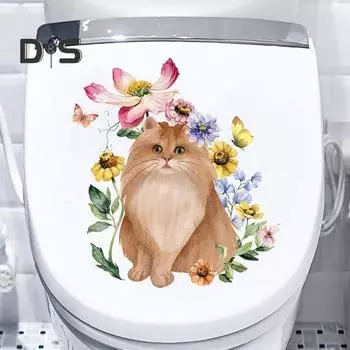 Кошка Цветок Бабочки Наклейка на Туалет Съемная Самоклеящаяся Водонепроницаемая ПВХ Гостиная Ванная Комната Настенное Искусство Животное Украшение Крышки Унитаза Наклейка Cat