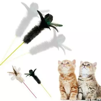 Кошка-дразнилка-палочка с цветными перьями, устойчивая к укусам, пушистая, анти-брейк, снимает стресс, милая, интерактивная чёрный