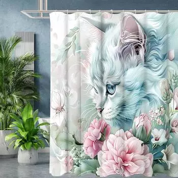 Кошка и Цветочная Занавеска для Ванной Комнаты Буквы для Ванной Водонепроницаемая Шторка для Душа с 12 Крючками Рыбки Домашний Декор Бесплатная Доставка 180x180cm curtain синий