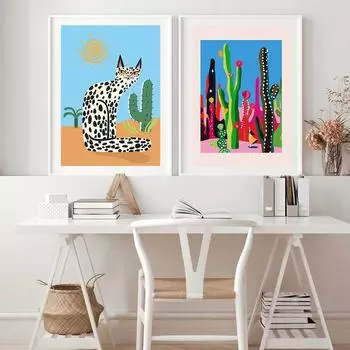 Кошка Кактус Настенная картина на холсте Цветочный сад Кактус Джунгли Абстрактное растение Пустыня Плакат и принт Картина Современный домашний декор 21x30cm No Framed белый