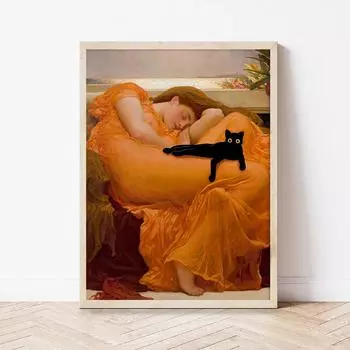 Кошка Принт Знаменитая Картина Искусство Холст Картина Забавный Плакат Подарок Винтаж Абстрактная Кошка с Женщиной Настенные Панно Домашний Декор 21x30cm No Framed