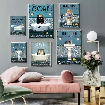 Кошка Русалка Мопс Енот Панда Жираф Ванна Настенная Живопись Печать Холст Картина Скандинавский Постер Настенные Картины Детская Комната Туалет Декор 21x30cm No Framed