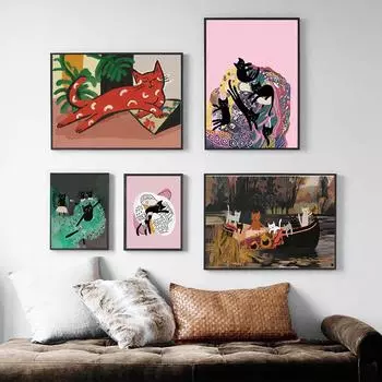 Кошка с пальмами, настенная живопись на холсте, плакаты на скандинавскую тему и принты, животные, танцевальные настенные панно для гостиной, украшения дома 21x30cm No Framed белый