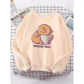 Кошка смотрит на чашку Милая толстовка женская модная флисовая толстовка с круглым вырезом повседневные толстовки с капюшоном свободного покроя спортивная одежда пуловеры и длинные рукава женские S синий