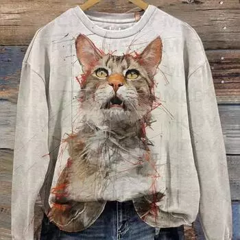 Кошка со смешным выражением лица, учуявшая странный запах, повседневная толстовка с изображением животных, женский пуловер с 3D-принтом S