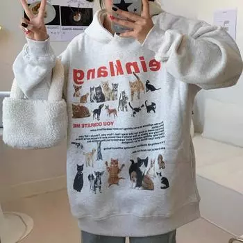 Кошка-собака с принтом Sudadera флисовые свободные пуловеры с животными с капюшоном толстые повседневные топы High Street американские женские винтажные свитшоты M