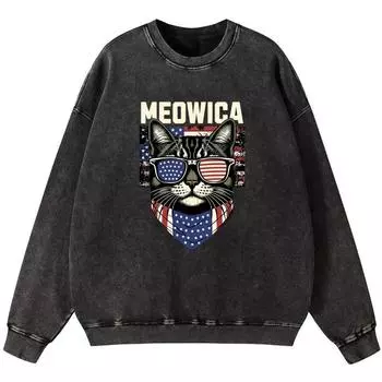 Кошка в американских очках Женский винтажный свитшот из выстиранного хлопка Тонкий стиль Простая худи оверсайз Уличный кэжуал S