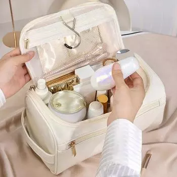 Косметическая сумка большой вместимости с крючком, портативная ручка из искусственной кожи, водонепроницаемая молния, многофункциональная дорожная сумка