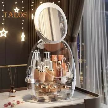 Косметический ящик для хранения с вращающимся на 360 градусов зеркалом. Прозрачный светодиодный светильник большой емкости. Защита от пыли. Зарядка через USB. Комод для спальни. Настольный макияж. A