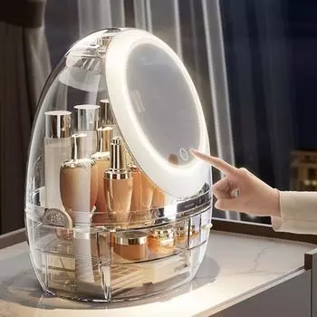 Косметический ящик для хранения с вращающимся на 360 градусов зеркалом. Прозрачный светодиодный светильник большой емкости. Защита от пыли. Зарядка через USB. Комод для спальни. Настольный макияж. A