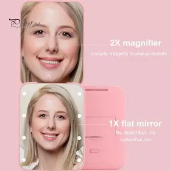 Косметическое зеркало, портативное складное косметическое зеркало, светодиодное компактное зеркало для макияжа с 2-кратным увеличением для путешествий домой белый