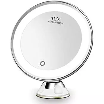 Косметическое зеркало со светодиодной лампой, увеличенное в 10 раз, зеркало для бритья, зеркало для ванной комнаты, увеличительное стекло с мощной присоской, вращение на 360 ° 18x2x18cm