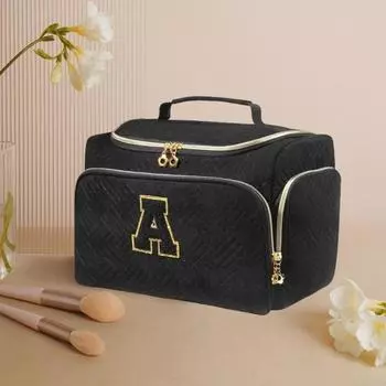 Косметичка Большая вместимость Вышитая застежка-молния Широкое горло с ручкой Несколько отделений L чёрный