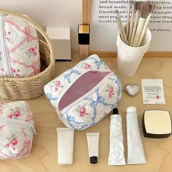 Косметичка Большой емкости Молния Роза Стеганый бантик С принтом Хлопок Застежка Портативный Легкая губная помада розовый