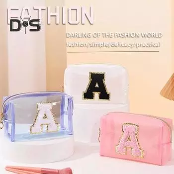Косметичка большой емкости с вышитыми буквами, декоративная застежка-молния, водонепроницаемая искусственная кожа, сумка для хранения косметики и туалетных принадлежностей для женщин и девочек, дорожная сумка прозрачный