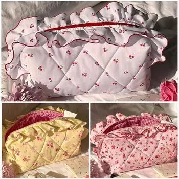 Косметичка Большой емкости Застежка-молния в сборе Цветочный принт Хлопок Стеганая Портативность Легкая Губная помада Карандаш для бровей Кисть для макияжа Путешествия