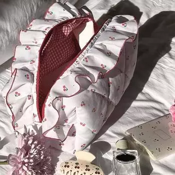 Косметичка Большой емкости Застежка-молния в сборе Цветочный принт Хлопок Стеганая Портативность Легкая Губная помада Карандаш для бровей Кисть для макияжа Путешествия розовый