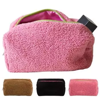 Косметичка для хранения, переносная сумка для хранения в дороге, плюшевый большой вместительный органайзер для косметики, легкая сумка на молнии для ежедневного использования розовый