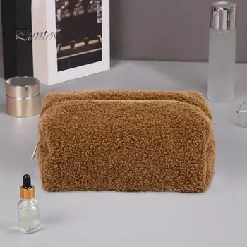 Косметичка для хранения, переносная сумка для хранения в дороге, плюшевый большой вместительный органайзер для косметики, легкая сумка на молнии для ежедневного использования чёрный