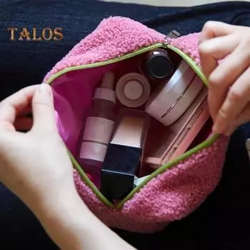 Косметичка для хранения, переносная сумка для хранения в дороге, плюшевый большой вместительный органайзер для косметики, легкая сумка на молнии для ежедневного использования чёрный