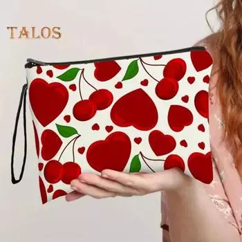 Косметичка для хранения с принтом в виде сердца и вишни, контрастный цветной органайзер для макияжа, застежка-молния, большая вместимость, портативная, с ремешком для подвешивания, косметичка красный