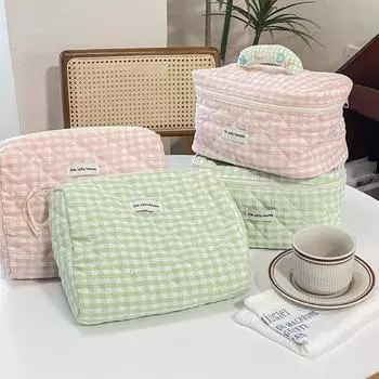 Косметичка для хранения в клетку, стеганая хлопковая дорожная косметичка, симпатичный органайзер для хранения в ванной комнате розовый