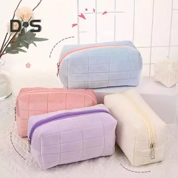 Косметичка из бархата с клетчатой текстурой, застежка-молния, портативная косметичка, дорожная, деловая, сумка для туалетных принадлежностей, большая вместимость, косметичка бежевый