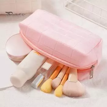 Косметичка из бархата с клетчатой текстурой, застежка-молния, портативная косметичка, дорожная, деловая, сумка для туалетных принадлежностей, большая вместимость, косметичка фиолетовый