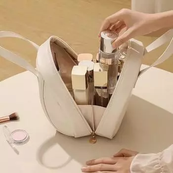 Косметичка из гладкой искусственной кожи, вместительная, с большим количеством отделений, водонепроницаемая, с большой несущей ручкой белый
