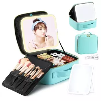Косметичка Luxspire Косметичка Сумка для кистей для макияжа Зеркало со светодиодной подсветкой 3-цветная подсветка Плавная регулировка яркости Косметичка из ЭВА Косметичка Косметичка озеро синий