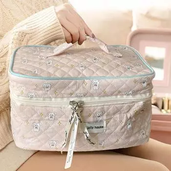Косметичка, маленькая, с цветочным принтом, большой вместимости, с прочной ручкой, стеганая косметичка из хлопка белый