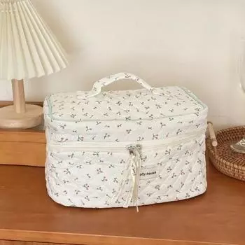 Косметичка, маленькая, с цветочным принтом, большой вместимости, с прочной ручкой, стеганая косметичка из хлопка бежевый