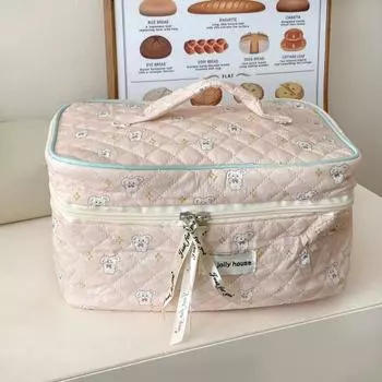 Косметичка, маленькая, с цветочным принтом, большой вместимости, с прочной ручкой, стеганая косметичка из хлопка бежевый