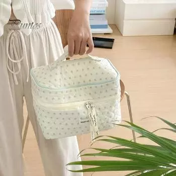 Косметичка, маленькая, с цветочным принтом, большой вместимости, с прочной ручкой, стеганая косметичка из хлопка белый