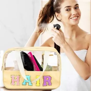 Косметичка прозрачная, видная, модная, с надписью, водонепроницаемая, с застежкой-молнией, переносная, с ручкой, прямоугольная чёрный