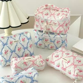 Косметичка с бантом и цветком, женская косметичка на молнии, большая вместительная переносная сумка, косметичка для девочек, cosmetiquera