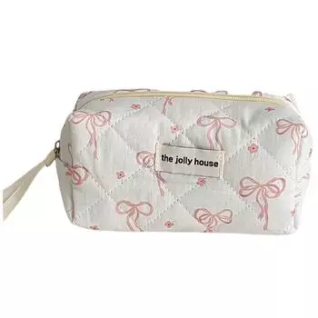Косметичка с бантом, стеганая косметичка, сумка для хранения косметики, большая вместительная косметичка, эстетичная хлопковая косметичка, милая для женщин и девочек B