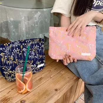 Косметичка с цветочной вышивкой, большая вместительная портативная гладкая молния, мягкая многофункциональная дорожная косметичка для хранения туалетных принадлежностей, дорожное использование бежевый