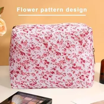 Косметичка с цветочным принтом, большая емкость, на молнии, портативная, многофункциональная, для женщин и девочек, дорожная губная помада, косметический органайзер для туалетных принадлежностей, сумка фиолетовый