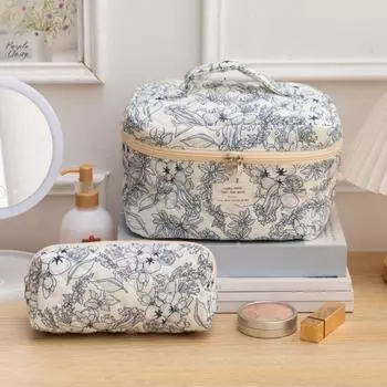 Косметичка с цветочным узором, двойная застежка-молния, портативная, большой емкости, с ручкой, сумка для хранения косметики S