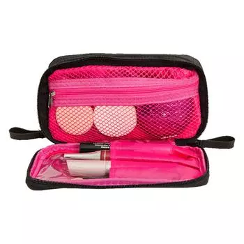 Косметичка с двойной застежкой-молнией, черный внутренний розовый отсек, портативная нейлоновая ткань, косметическая